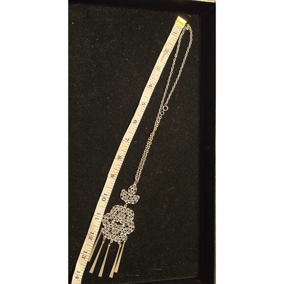Vintage Silver Toned Flowers Pendant Chain Necklace With Five Dangle Bars Tassel - Picture 8 of 9